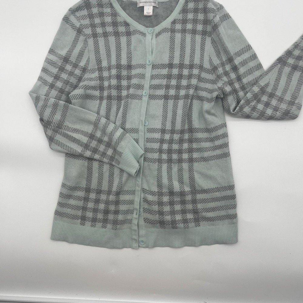 Christopher & Banks Mint Green Grey Plaid Cotton Knit Button Cardigan‎ Sweater L